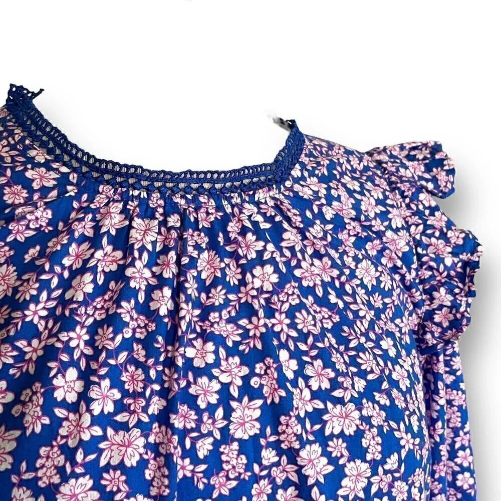 J Crew Womens Ruffle Shoulder Top S Blue Pink Floral Cotton Cottagecore Blouse